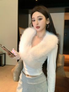 YANMANFENGQING | Elegant Luxurious Large Fur Collar Slim Fit Sweater V-Neck Waist-Tied Blouse