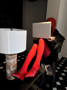 Red Retro Pointed Toe High Heels Smile Ape~ Slope Heel Womens Shoes French Mary Janes Small Leather Shoes Fashionable Sensation