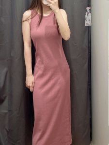 ชุดเดรสผู้หญิงแบบลำลอง ทรงสลิมฟิต แขนกุด ไม่มีสายรัด ผ้าถัก เอวสูง คอตั้ง สีพื้น ไม่มีซิป