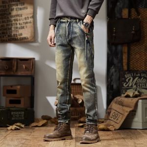 Fall Classy American Heavy Weight Retro Denim Men Trendy Silm Elastic Straight Business Casual Long Pants Men