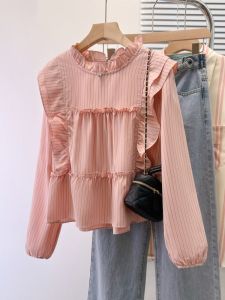 Áo Sơ Mi Dài Tay Xếp Ly Họa Tiết Sọc Dọc Cổ Bẻ Tay Áo Phong Cách Pháp Cổ Điển Giảm Tuổi Cho Nữ Mùa Xuân Thu