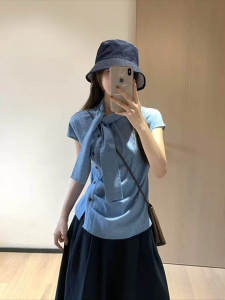 Áo Sơ Mi Nữ Tay Ngắn Xếp Ly Họa Tiết Sọc Phong Cách Hàn Quốc Mùa Hè Thiết Kế Eo Thon Gọn Tay Lỡ Cổ Tròn Tay Lỡ