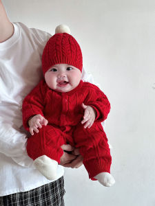 Red Knitted Baby Romper Autumn Winter Style One Year Old Newborn Infant Clothes Celebratory Sweater for Chinese New Year