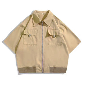 Summer Niche Style Short Sleeve Shirt Coat Mens Trendy High Street Stylish Loose Cargo Casual Zipper Shirt
