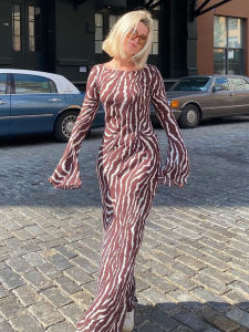 ชุดเดรสปาร์ตี้ชีฟองเอวกลางสําหรับผู้หญิงหลวมแขนยาวสไตล์ถนนฤดูร้อน Frock