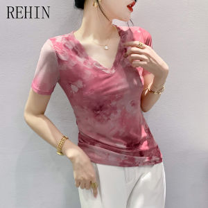 REHIN Summer New Fashion Mesh Unique Printed Short Sleeve T-shirt V-Neck Slimming fit Trendy Womens Top