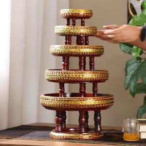 ขันโตกแดงถาดผลไม้บ้าน ถาดไม้ ถาดผลไม้ห้องนั่งเล่น ตั้งโต๊ะกาแฟ ถาดขนมขบเคี้ยวตกแต่งร้านอาหาร ถาดผลไม้แห้งกลมถาดถวายสังฆทาน