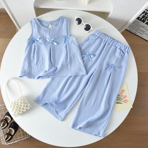 Menoea Baby Girl Casual Clothing Sets Summer New Blue Bow Cute Breathable Sleeveless Vest Tops and Pants Two-piece Suits Outfits for 3 To 7 Years Kids Outwear Clothes