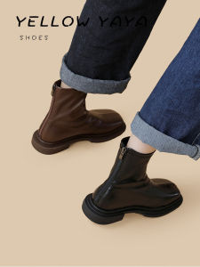 British Style Square Toe Martin Boots Womens Genuine Leather Short Boots Spring Autumn Elastic Boots Slimming Trendy