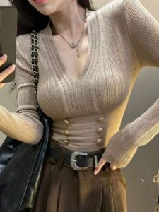 Pure Desire Style Womens Long Sleeve Knitted V Neck Hollow out Slim Fit Base Shirt Spring Autumn Inner Wear Small Size Friendly