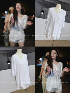 White V-neck Knitted Loose Womens T-shirt Casual Style Air Conditioning Sun Protection Thin Five Sleeve Regular Length