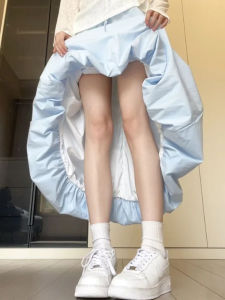 Váy Chữ a Màu Xanh Lam Mùa Hè Cho Nữ Váy Xếp Nếp Bằng Lụa Băng Nhẹ Thoáng Khí Cạp Cao Váy Đèn Lồng Mềm Mại Thoải Mái