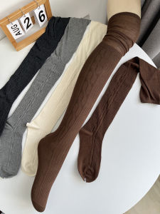 Womens High-Tube Knitted Cotton Knee-Length Socks Autumn Winter Grey Twist Pure Cotton Chunky Ankle Boots Socks