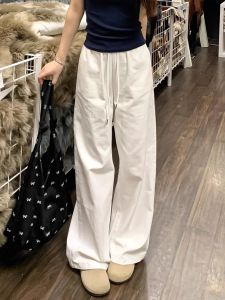 White Slim Wide Leg Pants Womens High Waist Loose Drapey Small Size Straight Sport Casual Pants Korean Style Commute Wind
