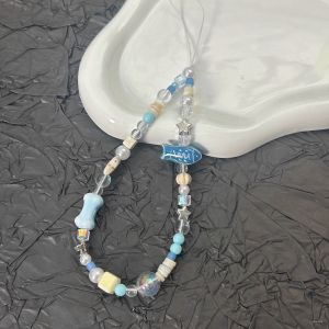 Short Cute Blue Fish Phone Chain Camera Strap Anti-Fall Bead String Pendant Durable Acrylic Nylon Material Digital Accessory