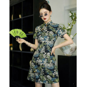 Váy Dài Cotton in Họa Tiết Rồng Phong Cách Trung Hoa Cổ Điển Váy Dài Vừa Vặn Thường Ngày Mùa Thu 2024 Tay Ngắn Váy Dài Vừa Phải