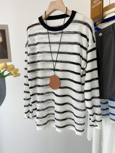 Ice Silk Linen Knitted Sunscreen Shirt for Women Thin Style Summer Outerwear Breathable Air Conditioning Shirt with Color Block Stripes