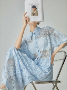 XIAODADEHUA | Spring New Blue Lace Hollow Out Long Sleeve Shirt And Skirt Set