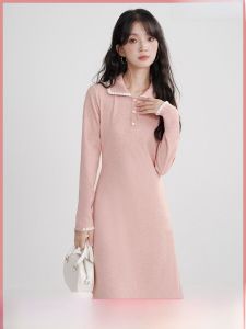 Wooden Easy French Style Knitted Dress Womens Autumn Winter Sweet Stand Collar Long Dress Tassel Detail High Waist A-Line Skirt