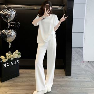 HUAXUNRAN | Slimming Summer Sportswear Set Short Sleeve T-shirt and Wide Leg Pants