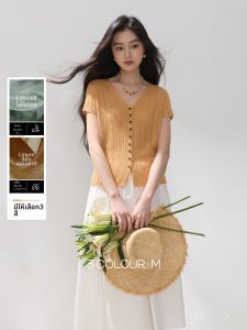 3COLOUR·S | Short Sleeve V-Neck Lace-Knit Top Tencel and Linen Blend M