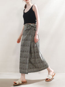 Miccbeirn | High Waist Pure Hanflax Retro Print Half Skirt Fashionable Slimming Versatile Straight Cut Wrap Hip Ethnic Style Long Skirt