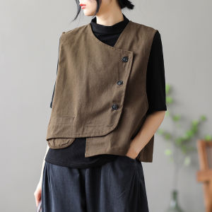 Womens Loose Cotton Linen Vest Breathable Artistic Early Autumn New Style Layered Short Coat Button round Neck Commute