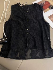 Summer 2024 Lace Hook Flower Single Button Casual Sleeveless Shirt Design Sense Loose Fit round Neck Multi Button up Top