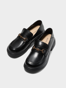 Berd Miss Black Thick Heel Loafers Womens Commute Formal Interview Shoes Leather Fashion Single Shoes round Toe mid Heel