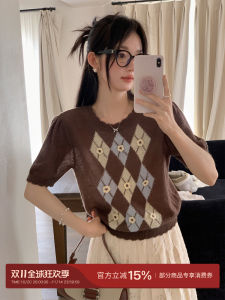 Miss Squirrel Short Sleeve Knitted Cookie Biscuit Miu Style Handmade Crochet Flower Diamond Pattern Sweet round Neck T-Shirt