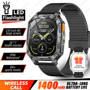 2026 New 1400mAh Military Smart Watch Men 2.01" AMOLED Screen IP68 Waterproof SOS Call Flashlight Sport Smartwatch Android iOS