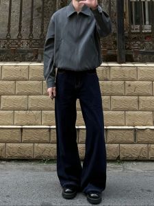 กางเกงยีนส์ทรงตรงหลวมๆ สีน้ำเงินเดนิมสีกลางๆ สไตล์ย้อนยุคสไตล์อเมริกัน กางเกงขายาวทรงหลวมๆ สำหรับผู้ชาย