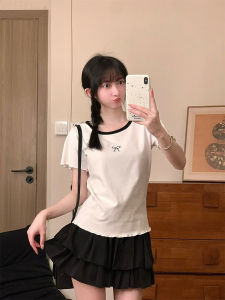 Short Sleeve Butterfly Knot Print T-Shirt Womens Shoulder Level Color Block Square Collar Slim Fit Short Length Cotton Tee