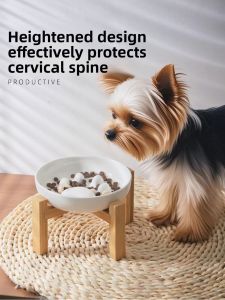 Elevated Ceramic Pet Bowl Dog Slow Feeding Bowl Prevent Choking Design High Leg Wooden Stand Protect Cervical Spine Cat Bowl