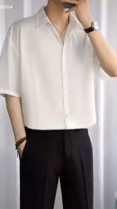 Korean version Ice silk fabric Business Casual Polo shirts plain oversized Fashion Lapel Short sleeve American Tops