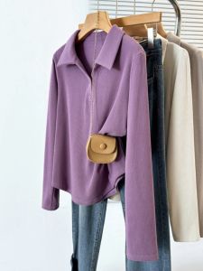 Slimming Effect Polo Neck Long Sleeve T-Shirt Womens Early Autumn New Large Size plus Size Base Shirt Top Casual Style