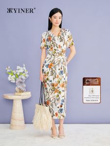 YINER | Elegant Vacation Style Art Print Ruffled Waist V-Neck Summer Dress
