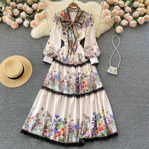 Palace Style Elegant Floral Slim Fit Lace Bow-tied Long Dress