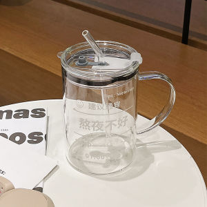 High Aesthetic Large Capacity Glass Cup with Lid And Straw for Office Use Heat Resistant Summer Water Cup round Shape Solid Color
