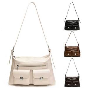 【HOSPORT】 Shoulder Bag for Women with Multi Pocket Retro Handbag PU Leather Adjustable Strap Zipper Hobo Bag for Work Travel