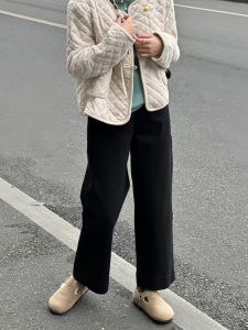 Quần Jeans Denim Ống Thẳng Rộng Lót Lông Cừu Dày Cho Nữ Mùa Thu Đông Màu Đen Quần Jeans Ống Thẳng Chín Tự Quần Jeans Denim Thường Ngày