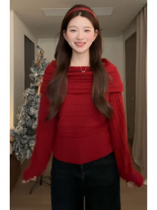 YUEZHONGWEI | Red Off-Shoulder Pullover Cable Knit Sweater