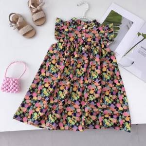 Bear Leader | Bear Leader Girls Dress 2026 Summer New Girls Round Neck Flower Print Flying Sleeve Dress Fashion Childrens Print Dress