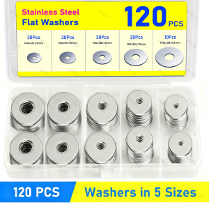 120PCS Washers for Screws Stainless Steel Flat Washer Assortment with 5 Sizes M4 M5 M6 M8 M10 Metal Assorted Large Washer Set