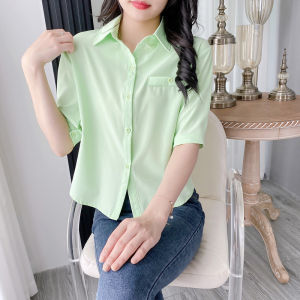 Womens Short Loose Fashionable Shirt Green Color Mid-Sleeve Design Slit Detail Summer Fresh Style Polyester Fabric Shirt