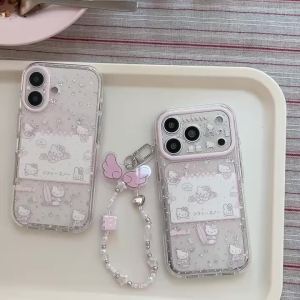 Sanrio | Cartoon Pink Collage Surfing Hello Kitty Cat Phone Case For iphone 17 16 15 Pro Max With Chain Pendant AntiDrop Protective Cover