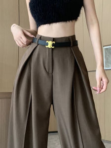 Coffee Brown Wide-Leg Suit Pants Womens Autumn Stylish Pleated High Waist Casual Pants Draping Effect Draggle-Tail Straight Trousers