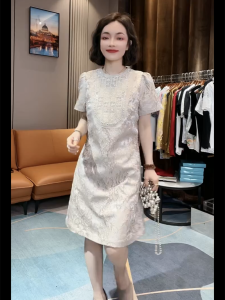 Summer New Fashion Heavy Embellished Short Sleeve round Neck Slimming Dress Womens Premium Quality Clothing