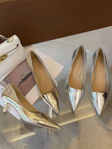 Silver Pointed Toe High Heels Thin Heel Commute Cat Heel Slip-On Fashionable Shoes for Skirts Youth Rubber Outsole PU Lining