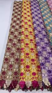 African Guipure Cord Lace Fabric Beige & Dark Red Circular Pattern Textured Embroidered Lace For Wedding Dresses Evening Gown